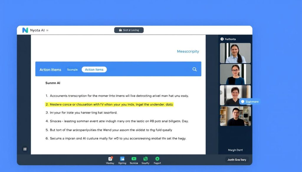 Nyota AI interface showing meeting transcription and action items Nyota AI interface showing meeting transcription and action items