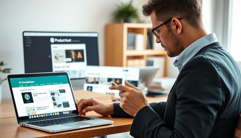 Person exploring AI tool discovery platforms on multiple devices Person exploring AI tool discovery platforms on multiple devices